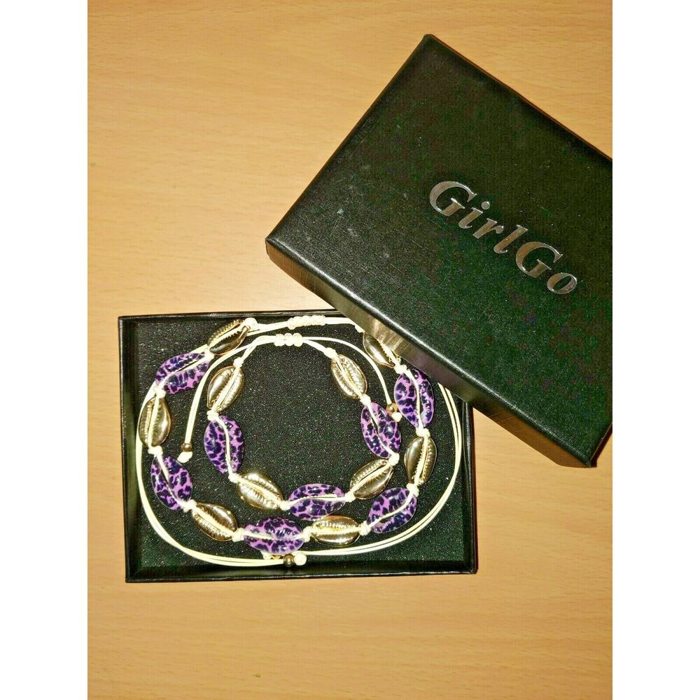 GirlGo Purple Leopard Puka Adjustable Shell Choker Necklace Bracelet Set - NEW